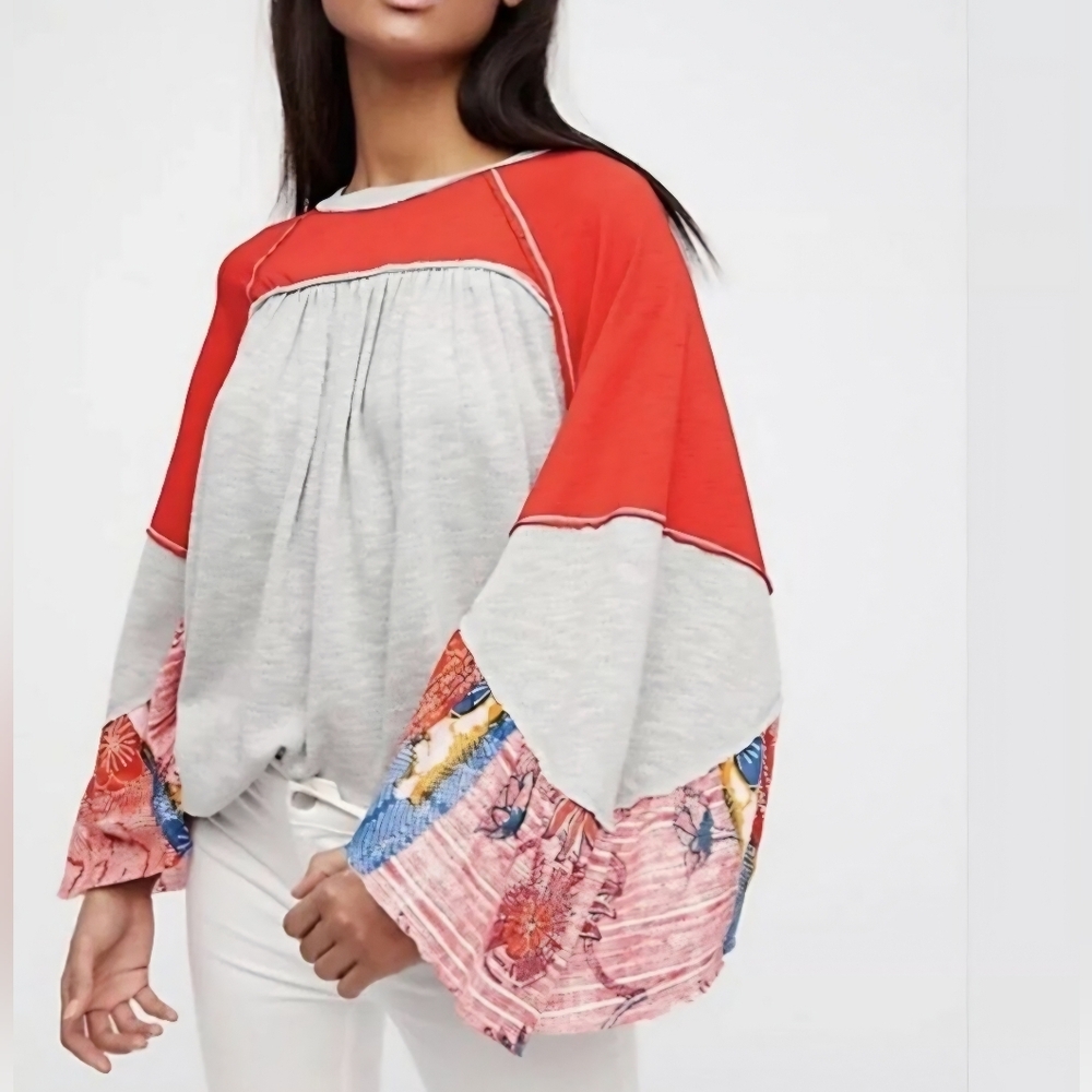 XS Free People We The Free Friday Fever Red & Gray Boho Top with Floral Sleeves